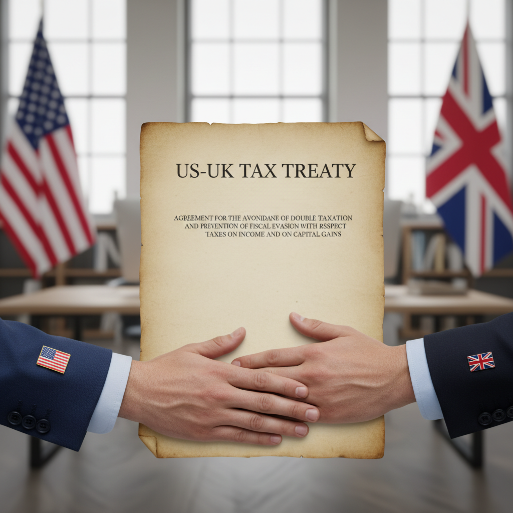 A close-up shot of a legal document titled 'US-UK Tax Treaty' with two hands, one symbolizing the US and one the UK, gently resting on it, signifying agreement and cooperation. The background is a blurred office setting with national flags subtly visible. Photorealistic.