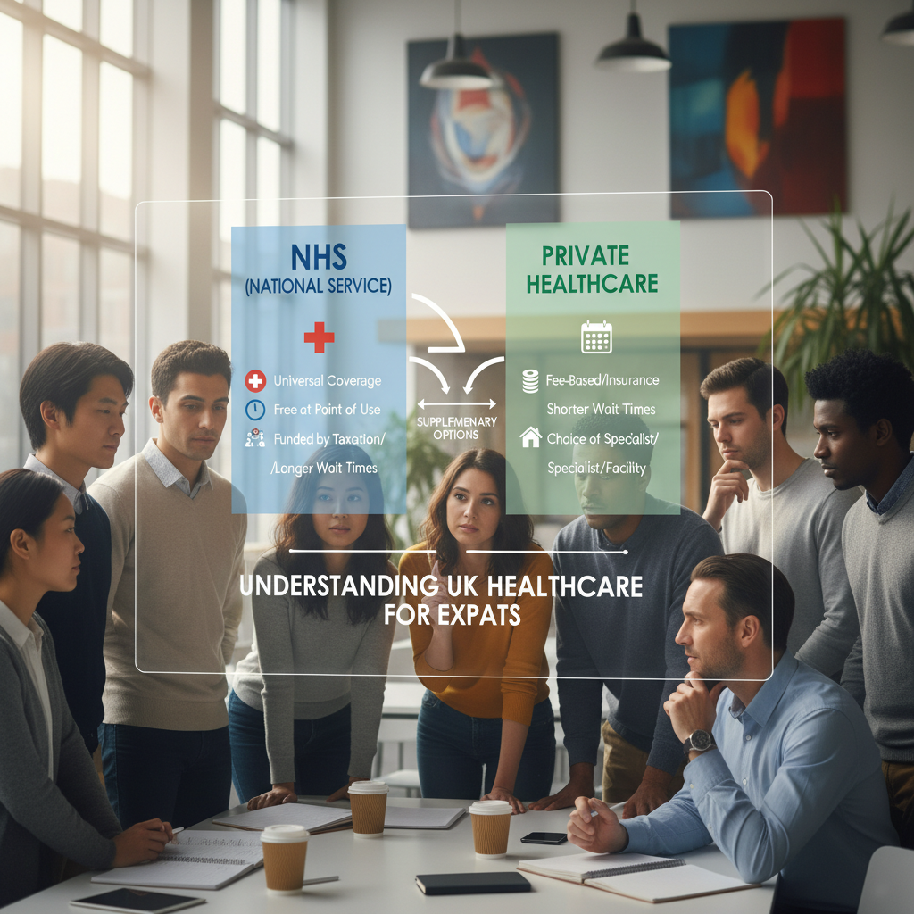 A diverse group of people, representing expats from various backgrounds, looking thoughtfully at a clear infographic or diagram explaining the UK's National Health Service (NHS) and private healthcare options. The setting is modern and bright, perhaps a community center or an office. Photorealistic, soft natural lighting.