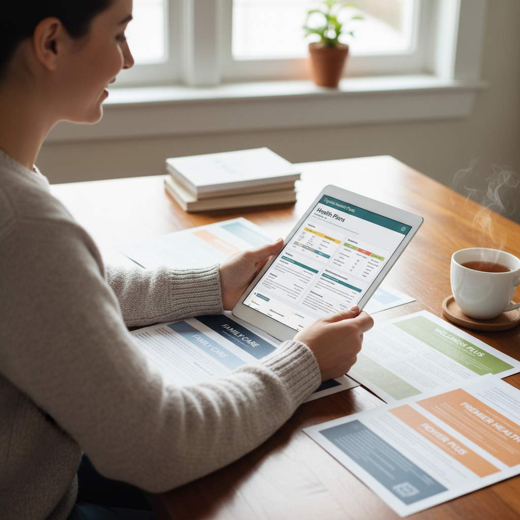 A person sitting comfortably at a desk, comparing different health insurance brochures or digital plans on a tablet. The setting is a cozy, well-lit home office, with a cup of tea nearby, conveying a sense of relaxed contemplation and informed decision-making. Photorealistic, focused on the person and the comparison materials.