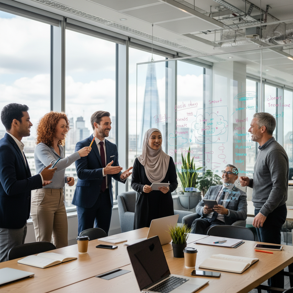A diverse group of entrepreneurs, including people of various ethnicities and ages, collaborating in a modern co-working space in London, brainstorming ideas on a whiteboard, with positive energy. Photorealistic, high-resolution.