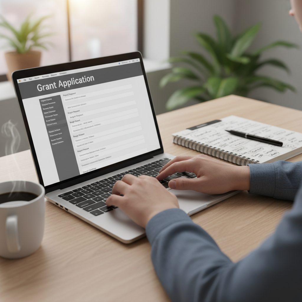 A close-up shot of hands typing on a laptop, with a grant application form visible on the screen, accompanied by a pen, notepad with scribbled ideas, and a cup of coffee on a modern wooden desk. Soft focus background. Photorealistic, high-resolution.