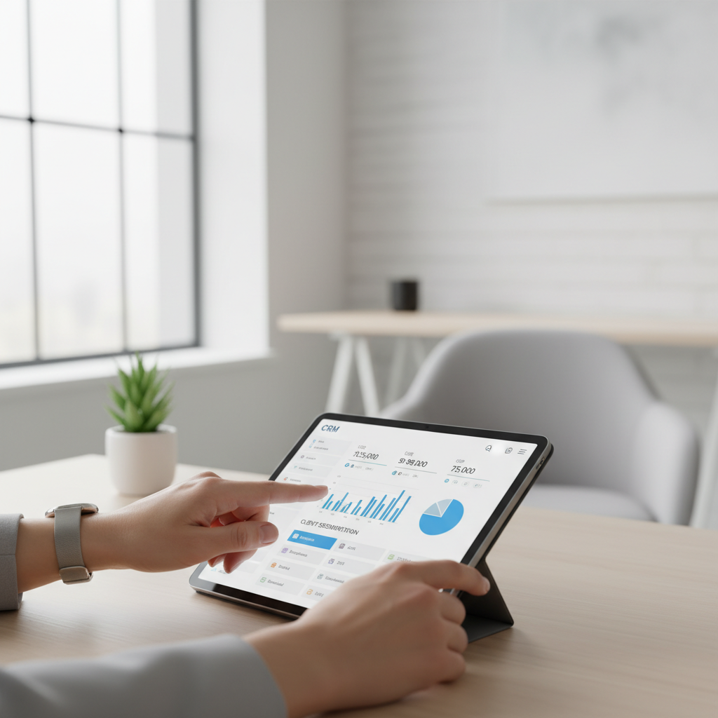A professional hand pointing at a modern CRM dashboard on a tablet, displaying multi-currency fields and client segmentation, in a well-lit, minimalist office setting. Photorealistic.