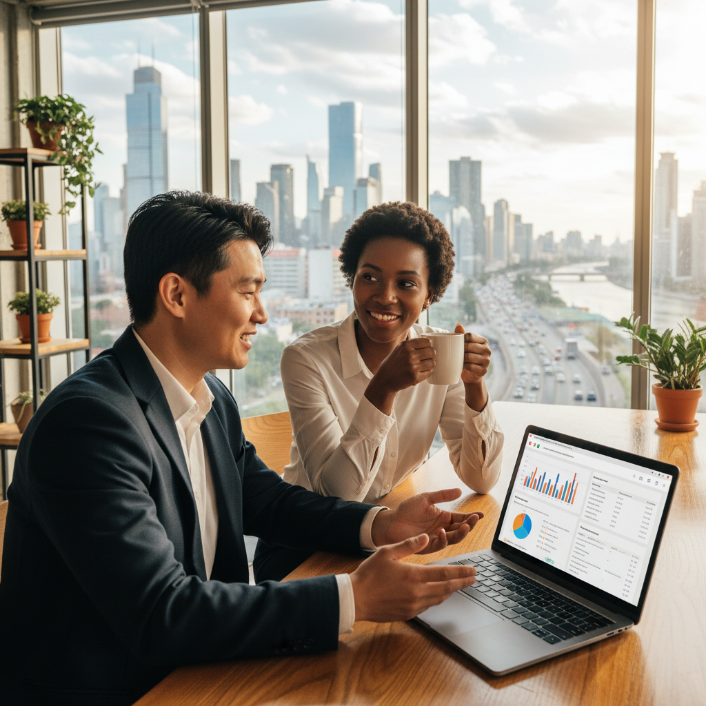 Two diverse expat business owners, one male and one female, smiling and having a relaxed discussion over a laptop displaying a CRM interface, in a modern, sunlit co-working space overlooking a bustling city. Photorealistic.