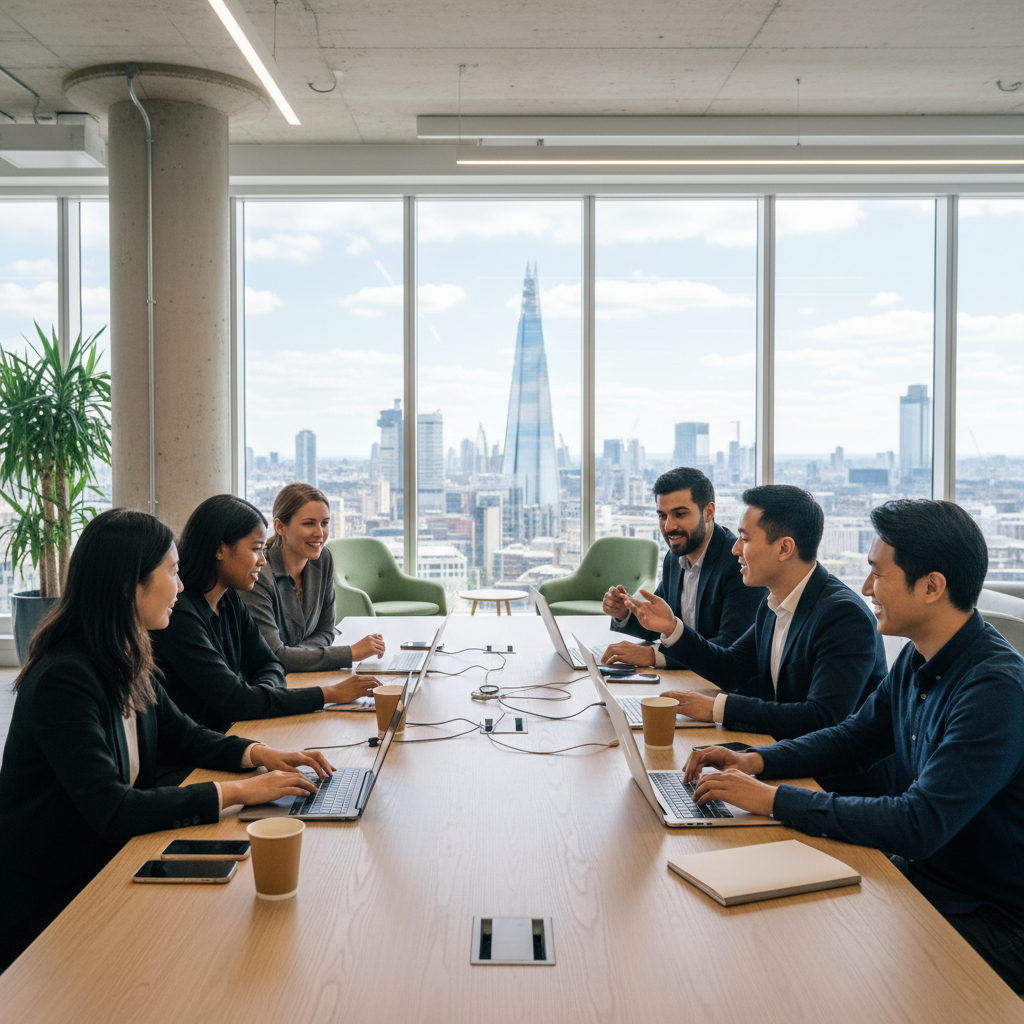 A diverse group of expat entrepreneurs in a modern co-working space, looking at laptops and collaborating, with London landmarks subtly visible in the background through a window. Photorealistic, bright, professional atmosphere.