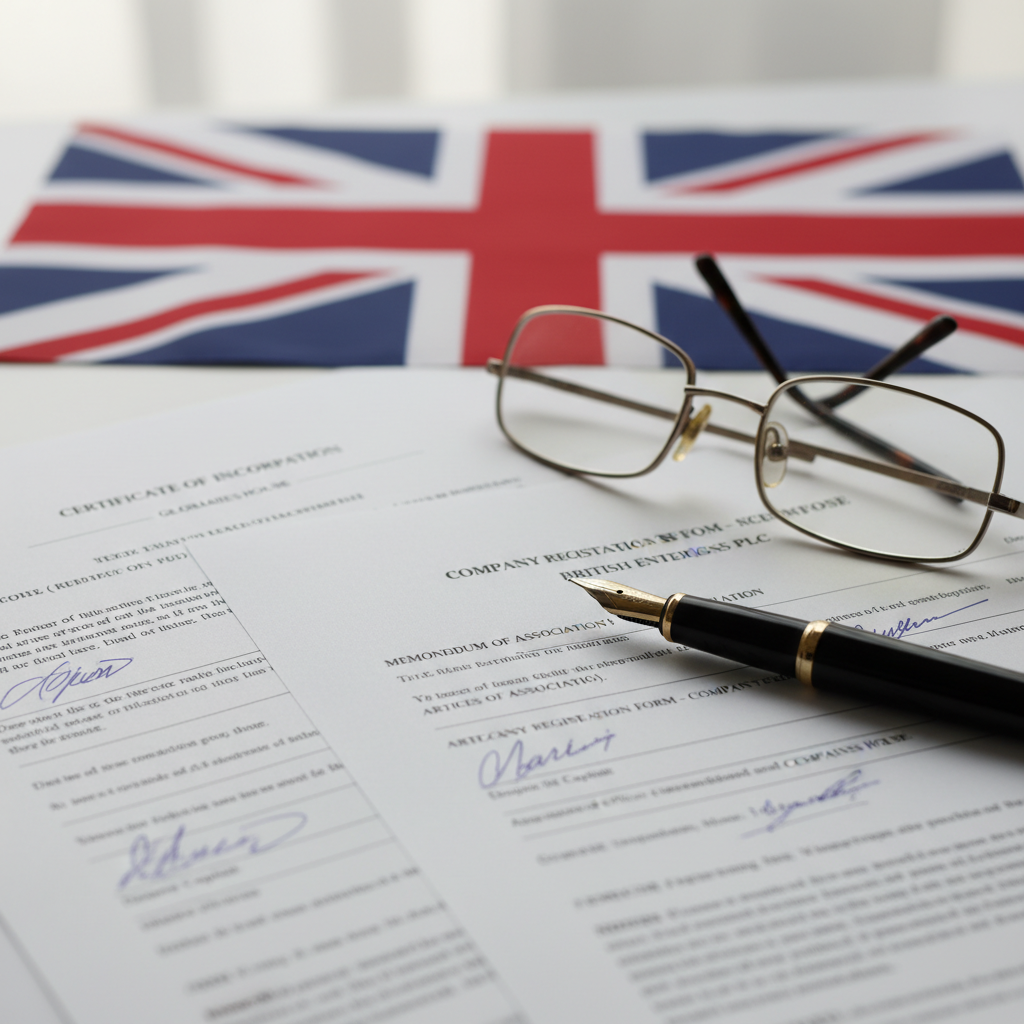 A detailed shot of various legal documents and forms relating to business registration, with a UK flag subtly in the background. A pen and a pair of reading glasses are resting on the documents. Photorealistic, professional, clear.
