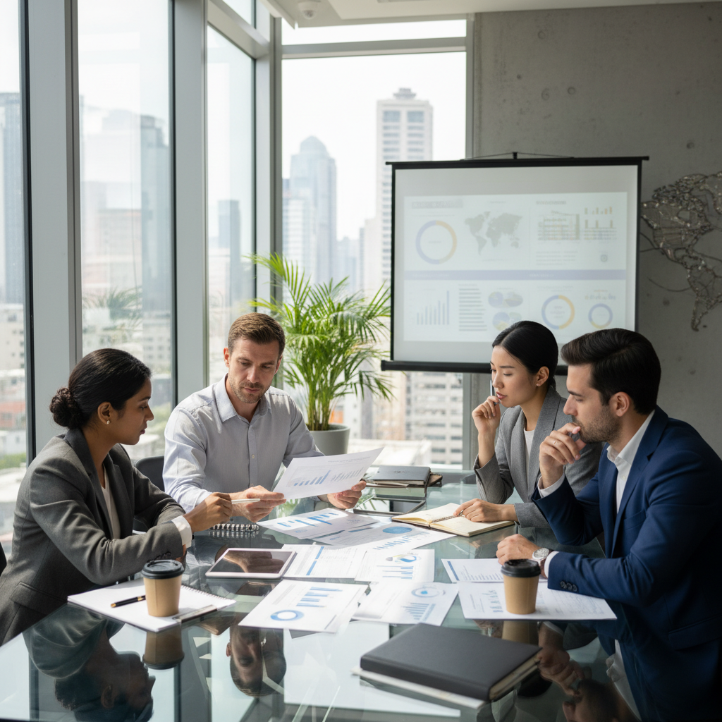 A diverse group of expat professionals from various countries, looking thoughtfully at financial documents in a modern, light-filled office setting. Photorealistic, high detail.
