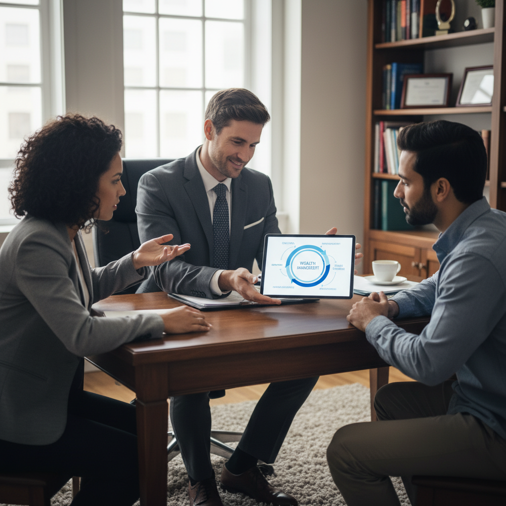 A friendly, professional financial advisor in a suit, sitting across a desk from an expat couple, explaining complex financial concepts with a clear diagram on a tablet. The setting is a professional, comfortable office. Photorealistic.