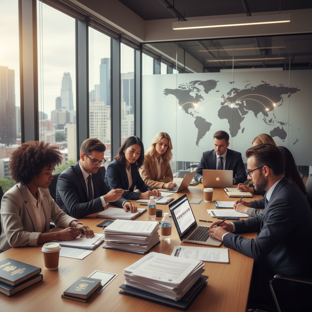 A diverse group of legal professionals in a modern, sunlit office, reviewing immigration documents with laptops open, a global map subtly in the background, photorealistic