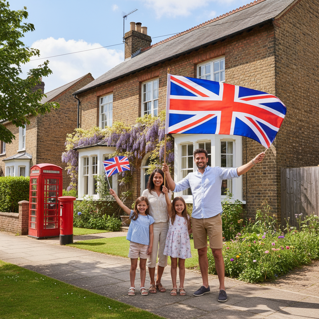 A smiling expat family standing outside a traditional British house, holding UK flags, bright sunny day, photorealistic
