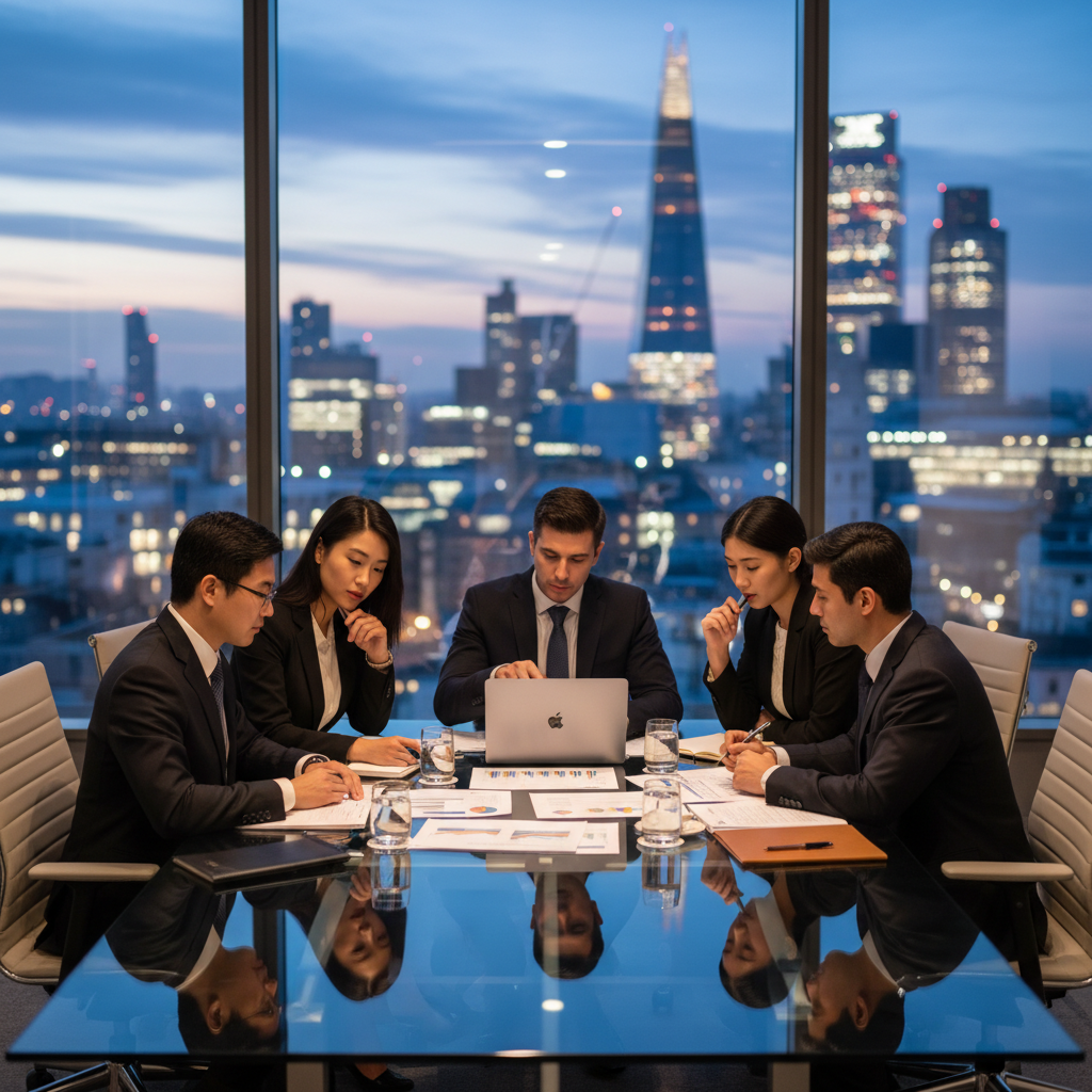 A diverse group of expats, formally dressed, sitting around a modern glass table, thoughtfully reviewing various financial documents and a laptop, with a blurred backdrop of the London skyline at dusk. The mood is serious but hopeful.