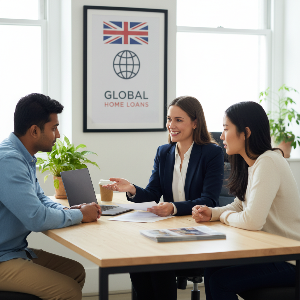 A professional female mortgage broker, with a warm and reassuring smile, is seated at a modern office desk, explaining mortgage options to a diverse expat couple (one male, one female) who are attentively listening. A UK flag subtly adorns the background, suggesting international financial services. The lighting is bright and inviting.
