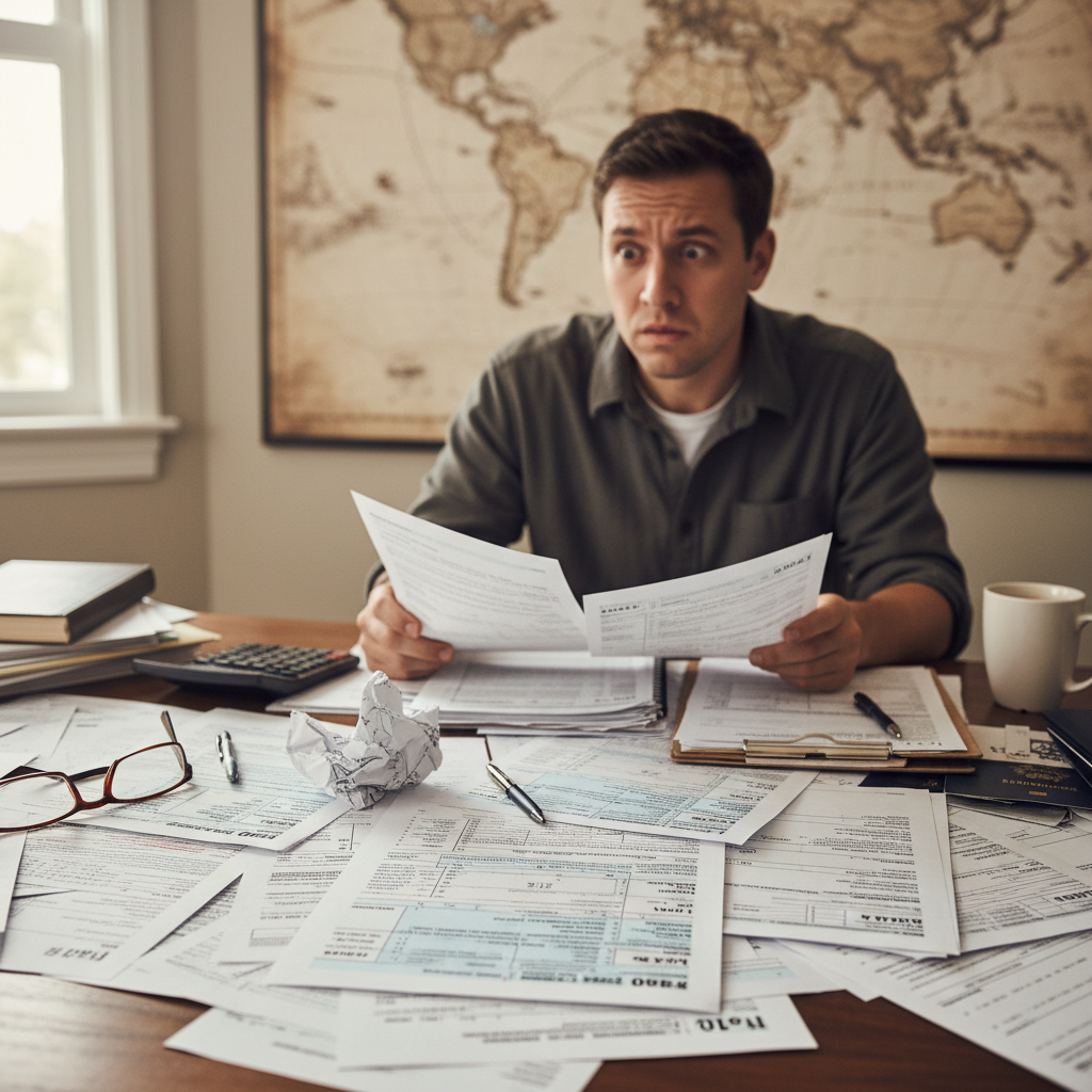 A person with a slightly confused expression looking at multiple tax forms and international documents on a desk, with a world map faintly visible in the background, realistic photo