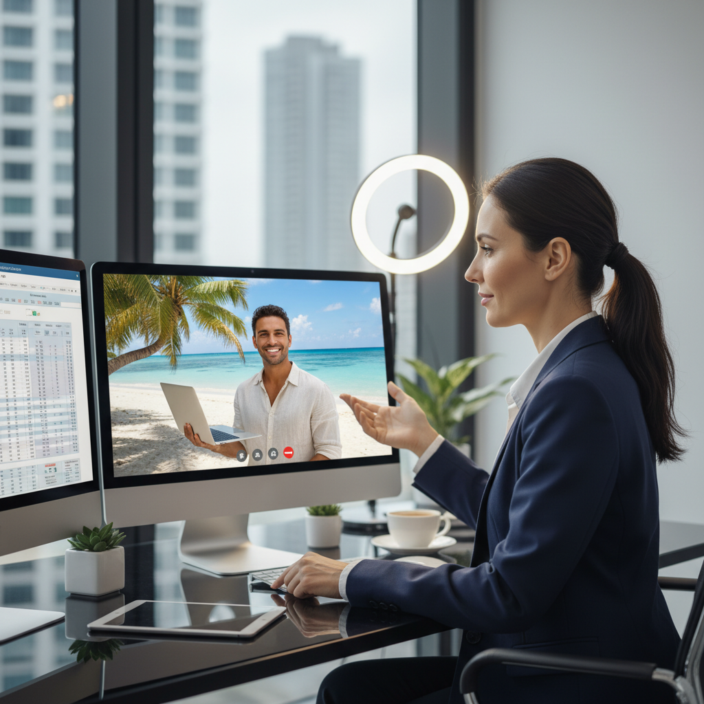 A professional female accountant in a modern office having a video call with a client, who is an expat on a laptop from a bright, sunny location. The screen shows the client smiling. Soft, professional lighting, photorealistic.