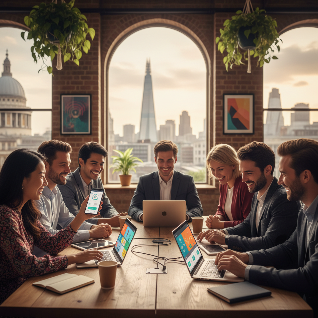 A diverse group of expat entrepreneurs happily using digital banking apps on their smartphones and laptops in a modern coworking space, with a soft-focus background of London landmarks. Photorealistic, vibrant colors.