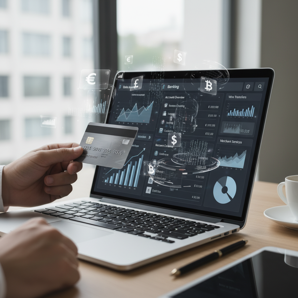 A detailed close-up shot of a hand holding a credit card over a laptop displaying various business banking options, with data analytics and currency symbols floating around. High-resolution, financial theme.