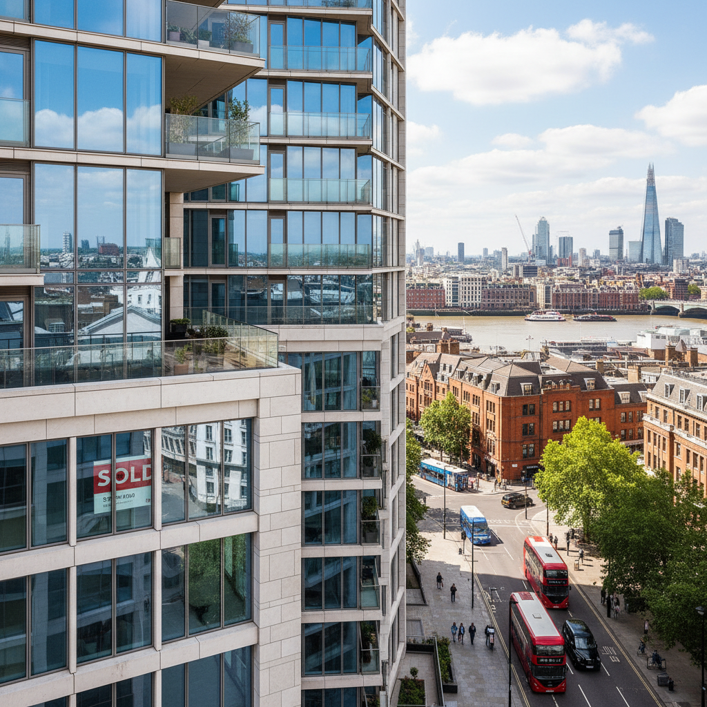 A wide-angle, photorealistic shot of a modern apartment building in London, with a 'Sold' sign partially visible, bright daylight, diverse city background, capturing a sense of investment and urban living.