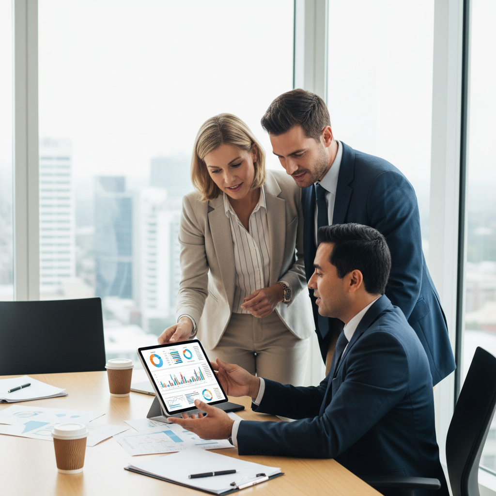A photorealistic image of a diverse group of professionals (an expat couple and a financial advisor) in a modern, brightly lit office, looking at a tablet with graphs and charts, discussing investment strategies with serious yet optimistic expressions.