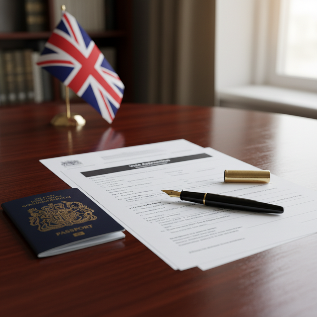 A close-up shot of official UK visa application documents laid out on a polished wooden desk, alongside a passport, a fountain pen, and a subtle UK flag in the background, conveying preparation and formality. Photorealistic, detailed.