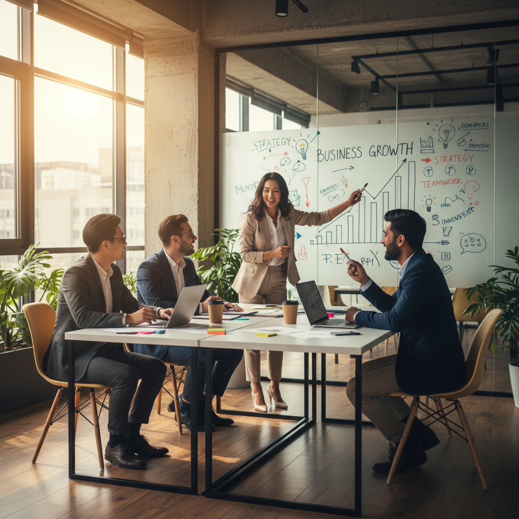 A professional, diverse team of entrepreneurs in a modern, sunlit co-working space, enthusiastically brainstorming ideas, with a whiteboard in the background displaying a successful business growth chart and collaborative notes, symbolizing innovation and achievement. Photorealistic, vibrant colors.