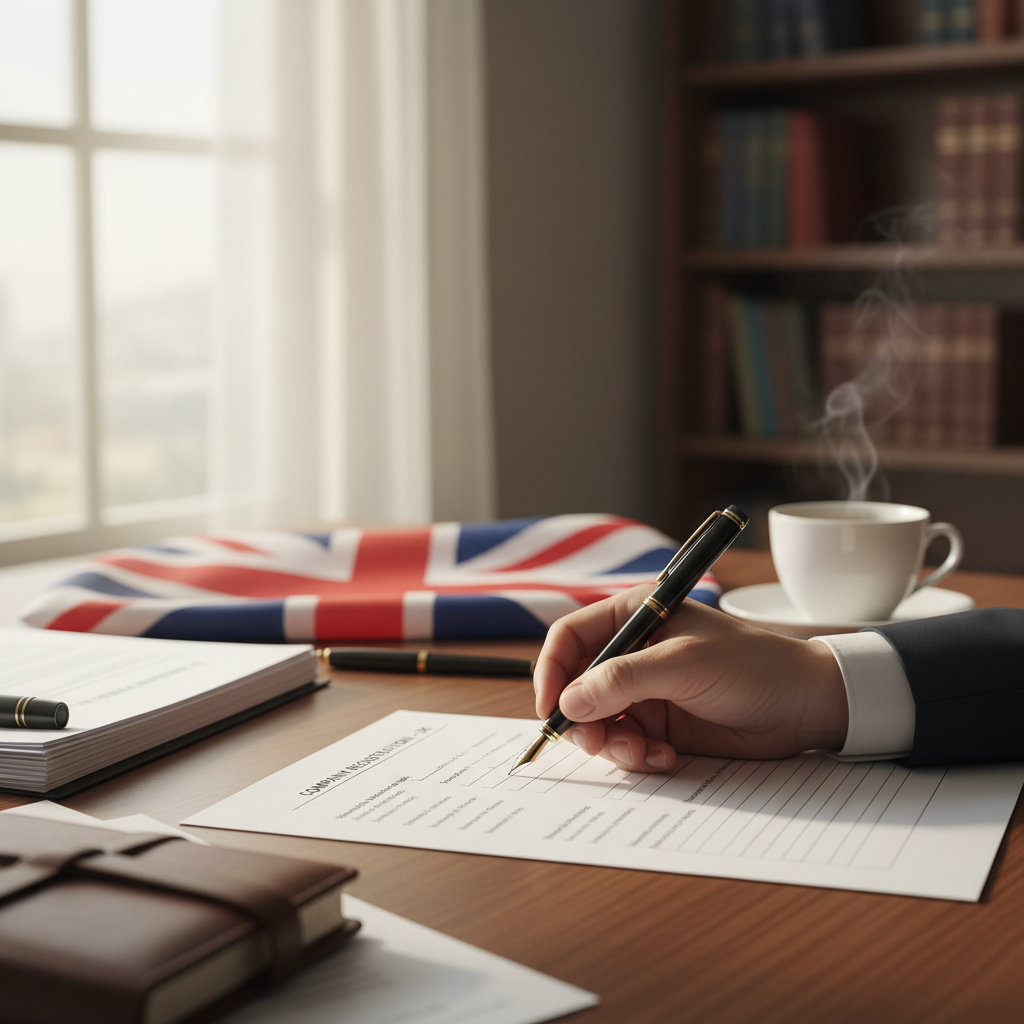 A close-up of a hand filling out company registration forms with a UK flag subtly in the background, a professional and meticulous scene, photorealistic.