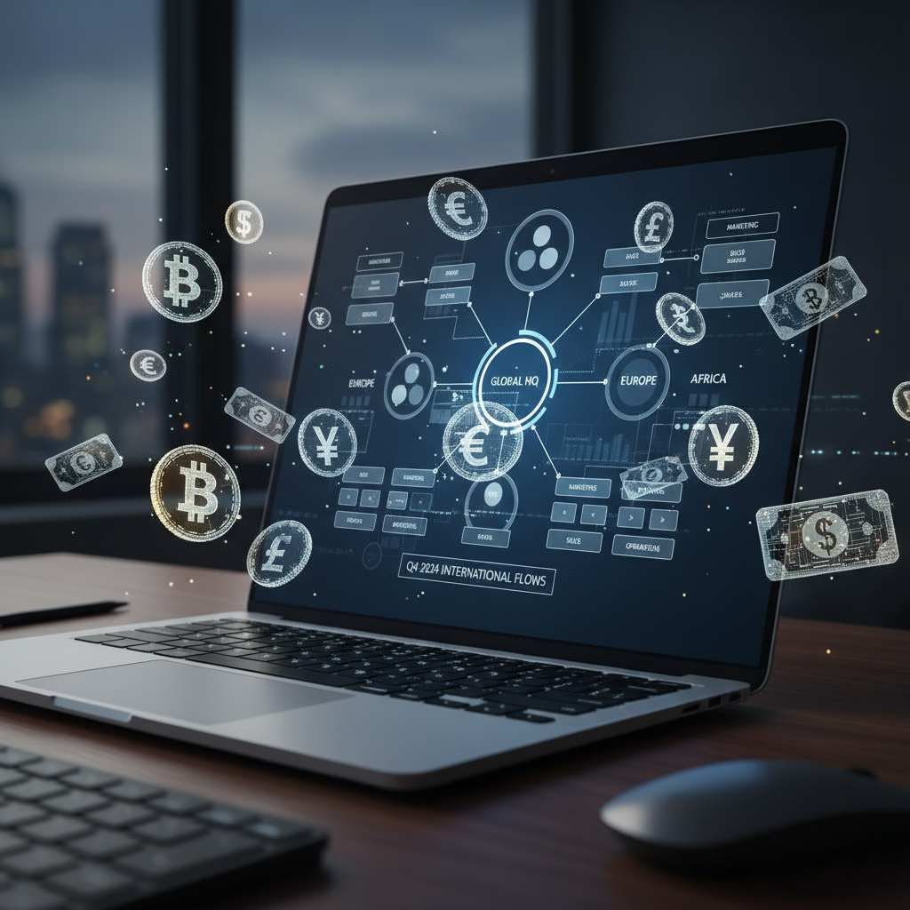 A laptop screen displaying a digital company structure diagram, with diverse global currencies floating around, indicating international business and finance, photorealistic.